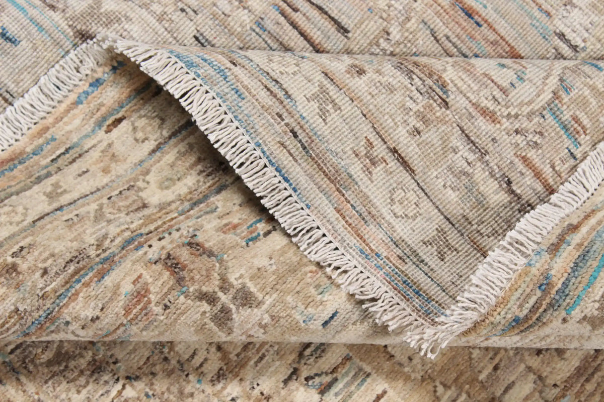 Greige Afghan Rug with Long Leaf Ornaments, 299 × 247 cm, view 7.