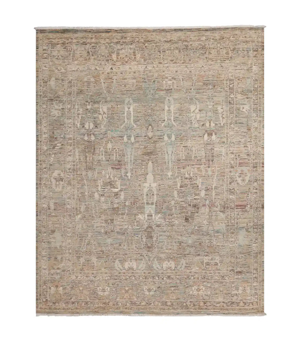 Gray-Beige Wool Rug with Light Leaf Motifs, 304 × 248 cm, overall view.