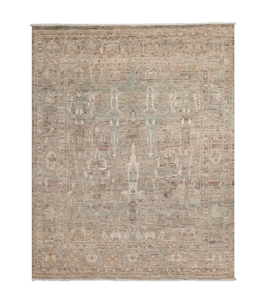 Gray-Beige Wool Rug with Light Leaf Motifs, 304 × 248 cm, overall view.