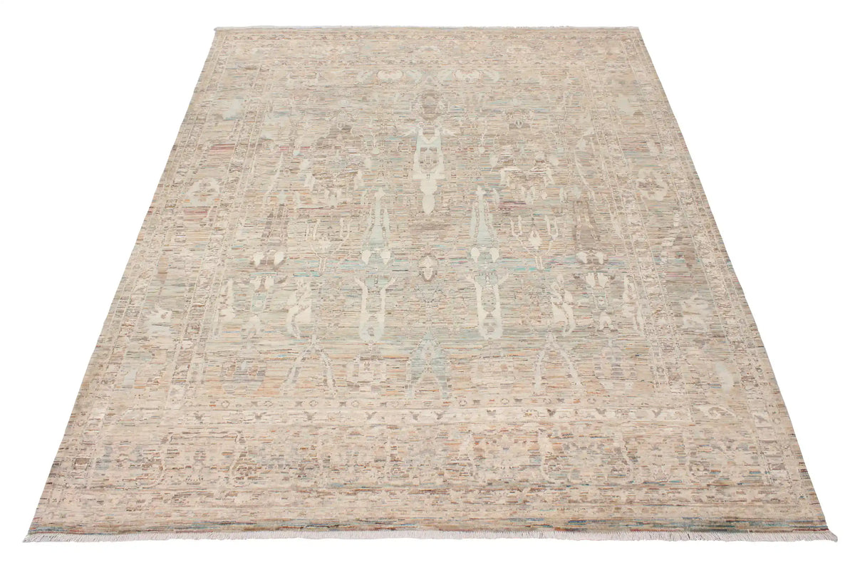 Gray-Beige Wool Rug with Light Leaf Motifs, 304 × 248 cm, view 2.
