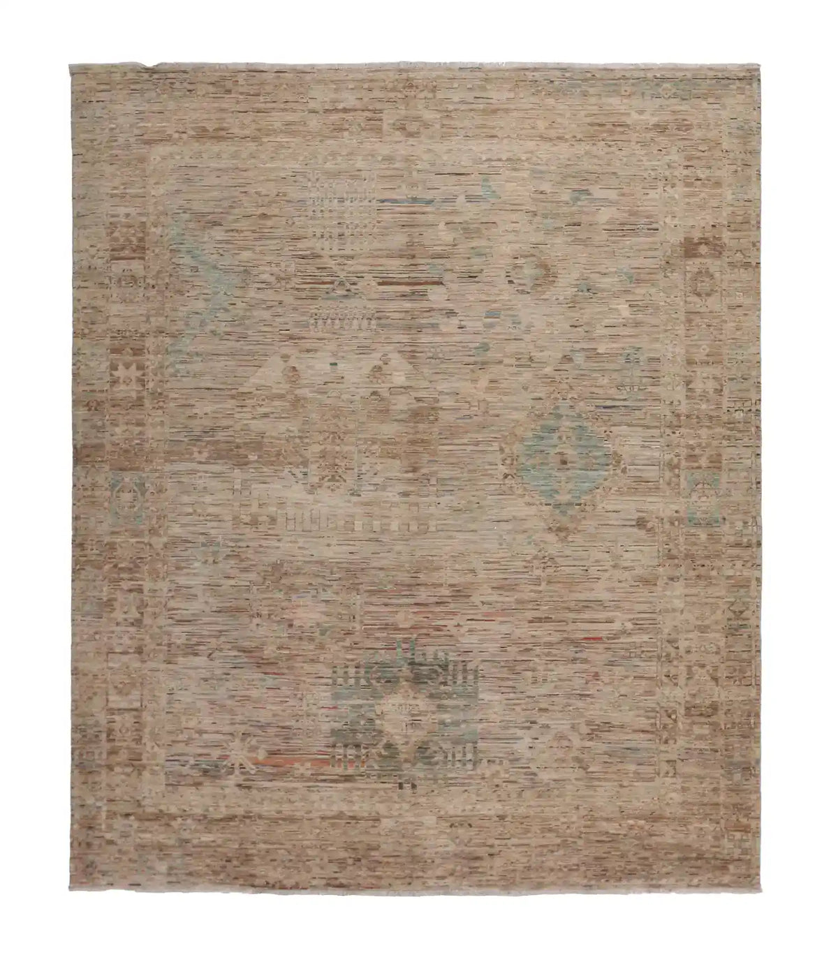 Beige Afghan Rug with a Blue Rosette, 301 × 254 cm, overall view.