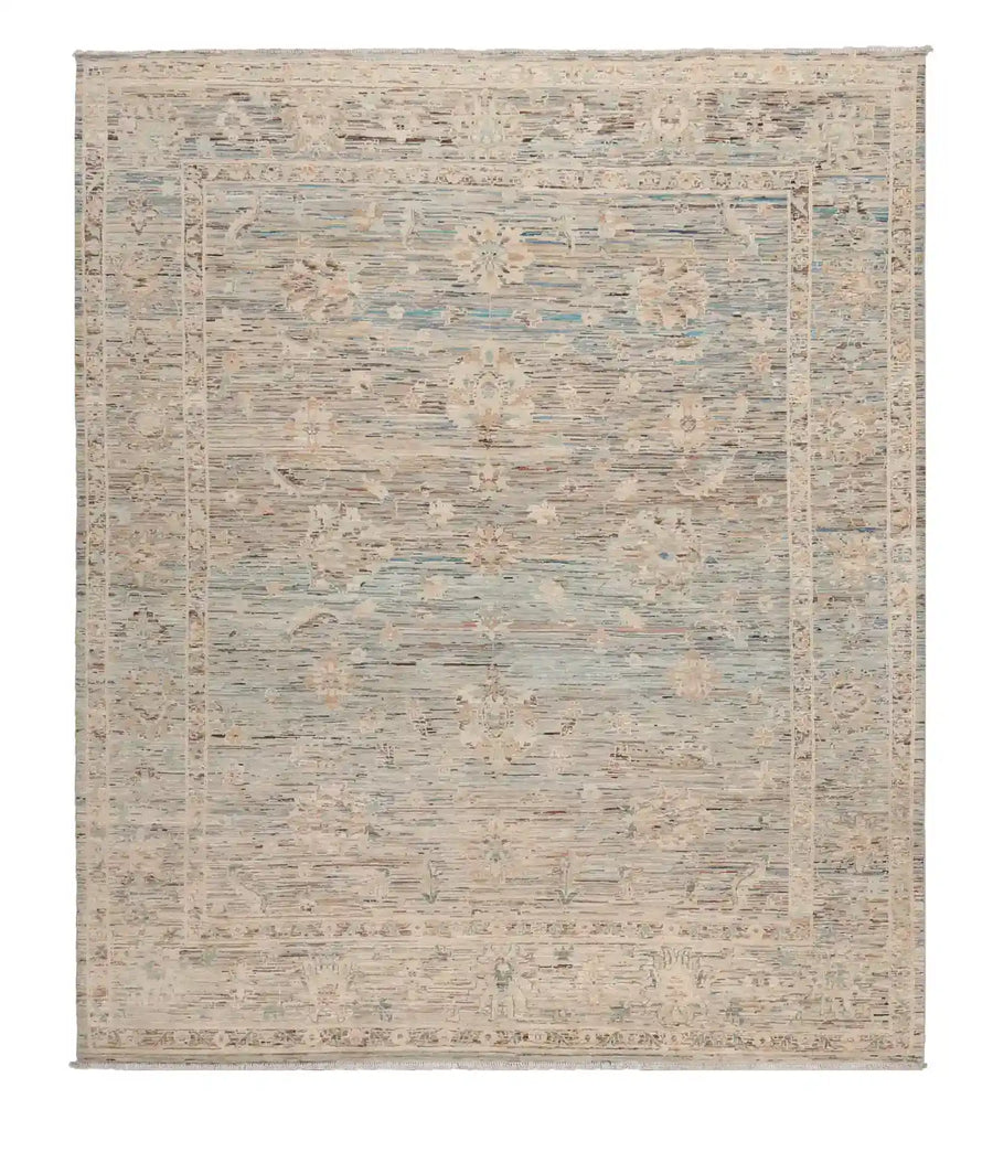 Cream Afghan Rug with Aqua Blue Motifs, 295 × 252 cm, overall view.