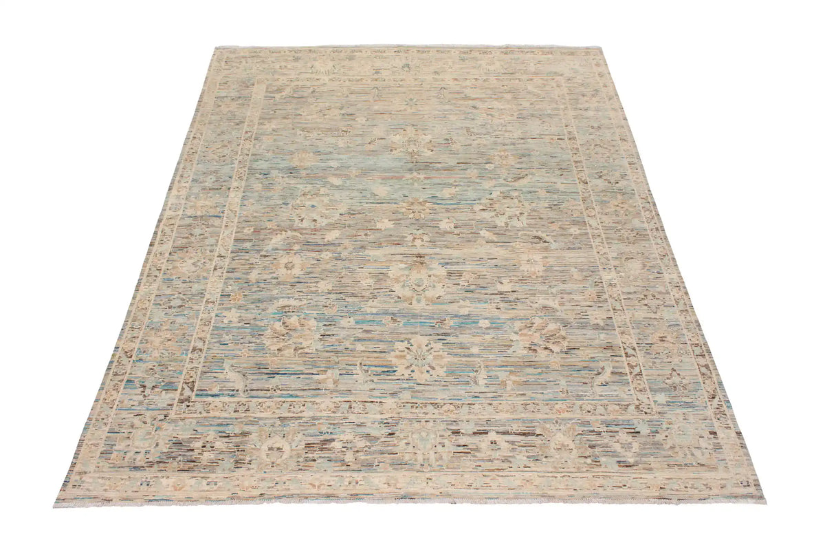 Cream Afghan Rug with Aqua Blue Motifs, 295 × 252 cm, view 2.