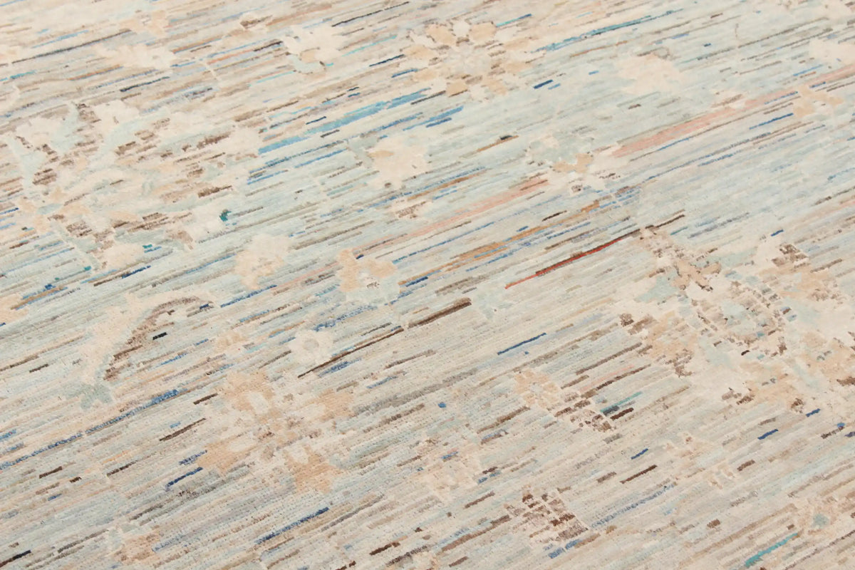 Cream Afghan Rug with Aqua Blue Motifs, 295 × 252 cm, view 4.