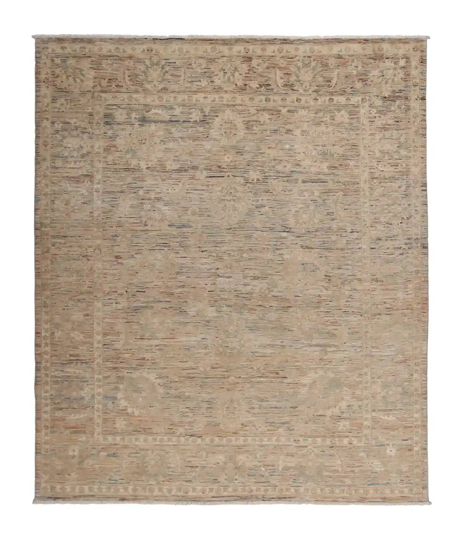 Taupe Afghan Rug with a Floral Border, 294 × 254 cm, overall view.
