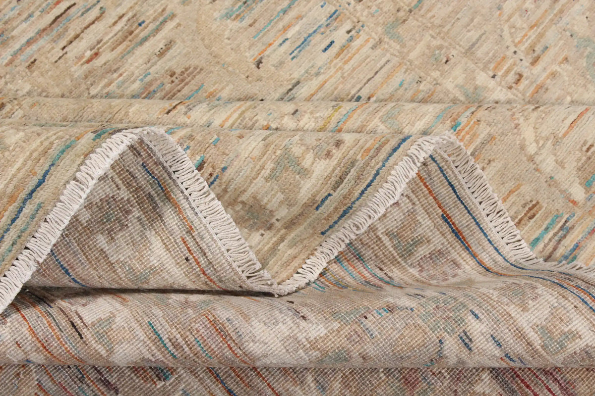 Taupe Afghan Rug with a Floral Border, 294 × 254 cm, view 9.