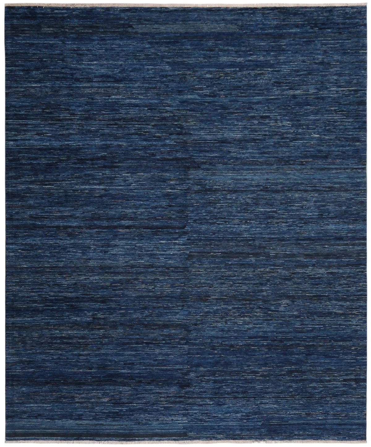 Dark Blue Wool Rug with Fine Lines, 292 × 243 cm, overall view.