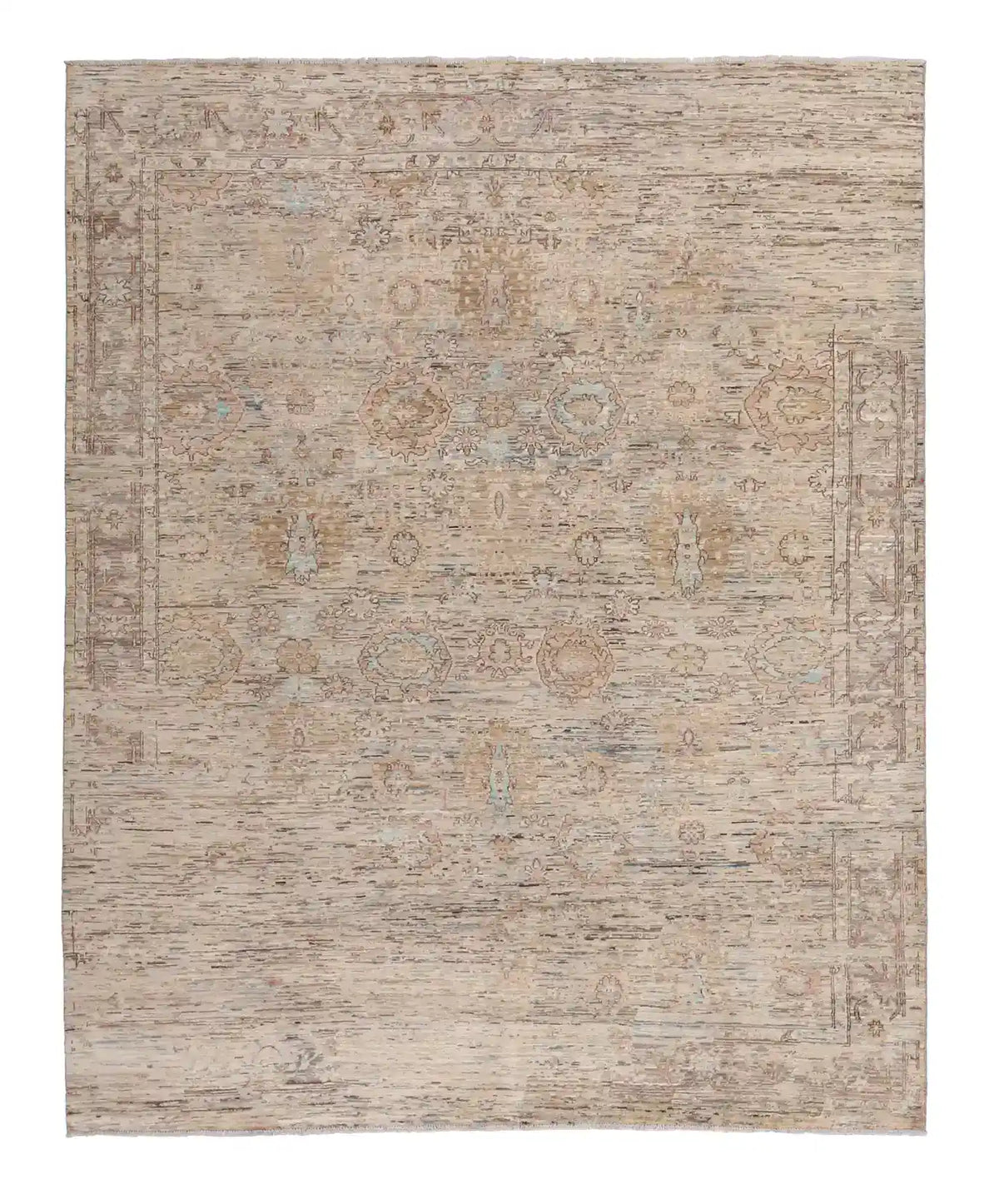 Beige Afghan Rug with Dense Floral Field, 295 × 246 cm, overall view.