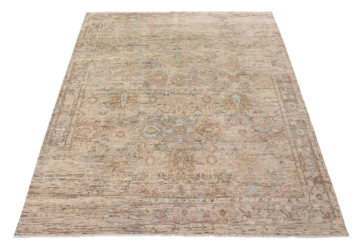 Beige Afghan Rug with Dense Floral Field, 295 × 246 cm, view 2.