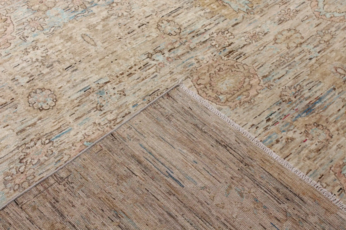 Beige Afghan Rug with Dense Floral Field, 295 × 246 cm, view 7.