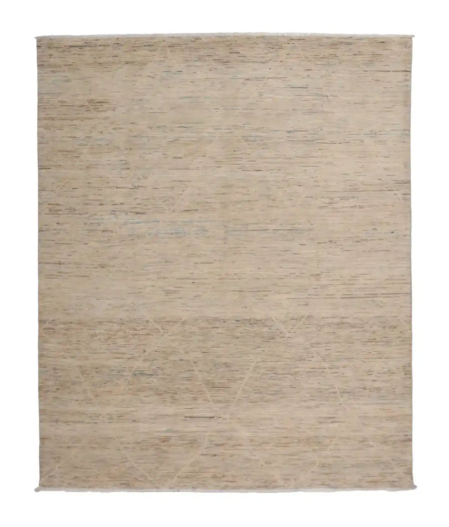 Beige Wool Rug with Fine Horizontal Patterning, 293 × 248 cm, overall view.