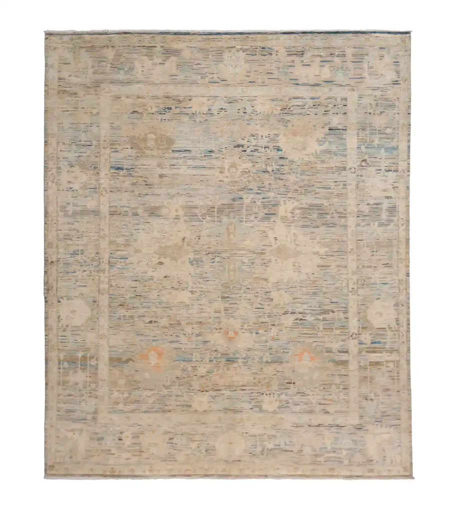 Blue-Gray Afghan Rug with Light Floral Motifs, 302 × 253 cm, overall view.