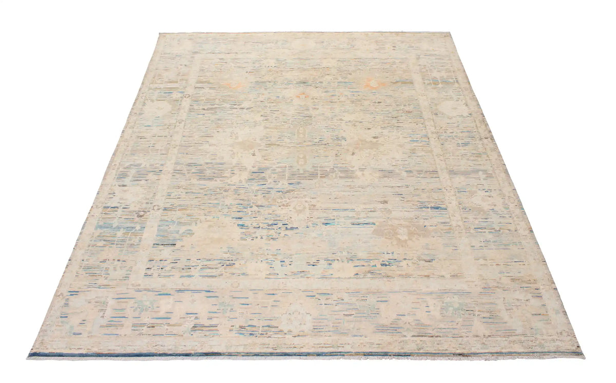 Blue-Gray Afghan Rug with Light Floral Motifs, 302 × 253 cm, view 2.