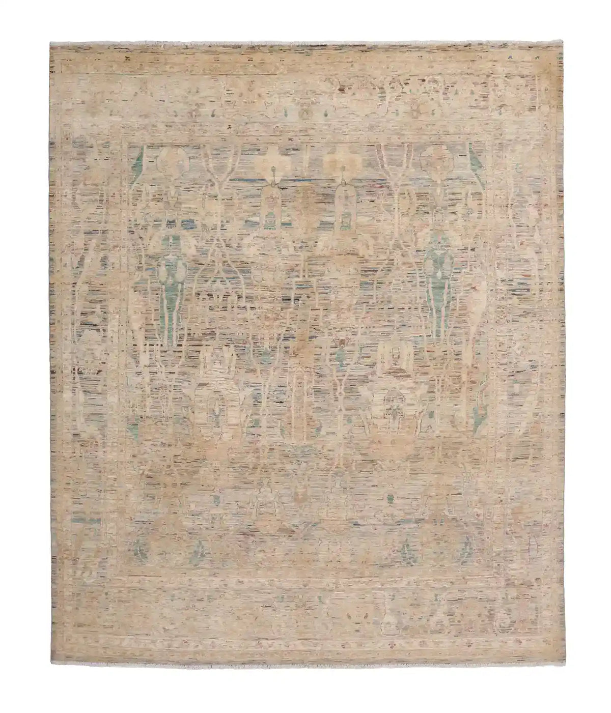 Light Afghan Rug with Long Blue Leaf Motifs, 293 × 250 cm, overall view.