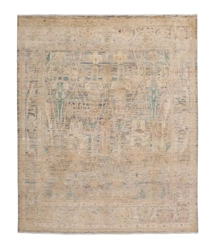 Light Afghan Rug with Long Blue Leaf Motifs, 293 × 250 cm, overall view.