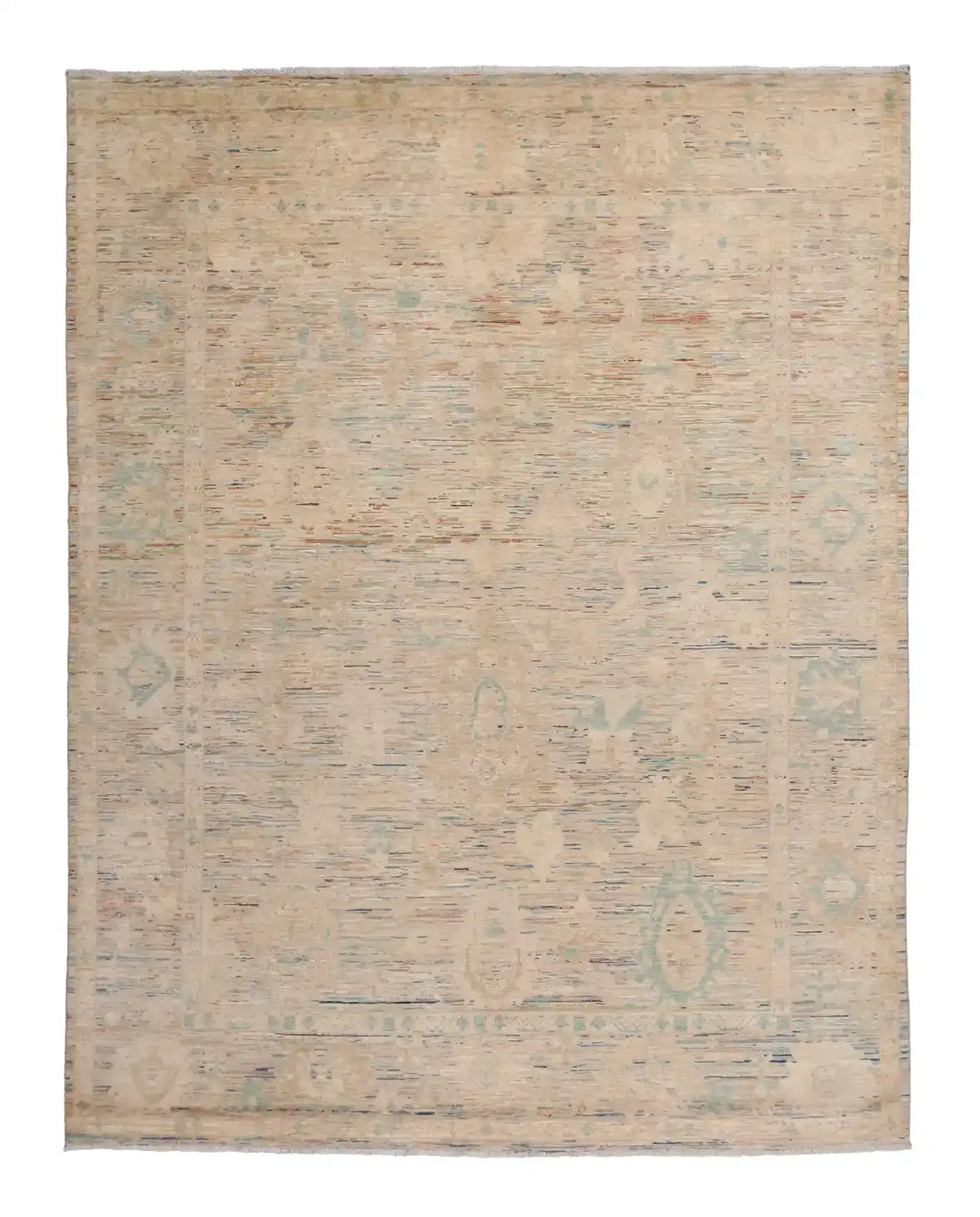 Beige Afghan Rug with Delicate Blue Flowers, 311 × 252 cm, overall view.