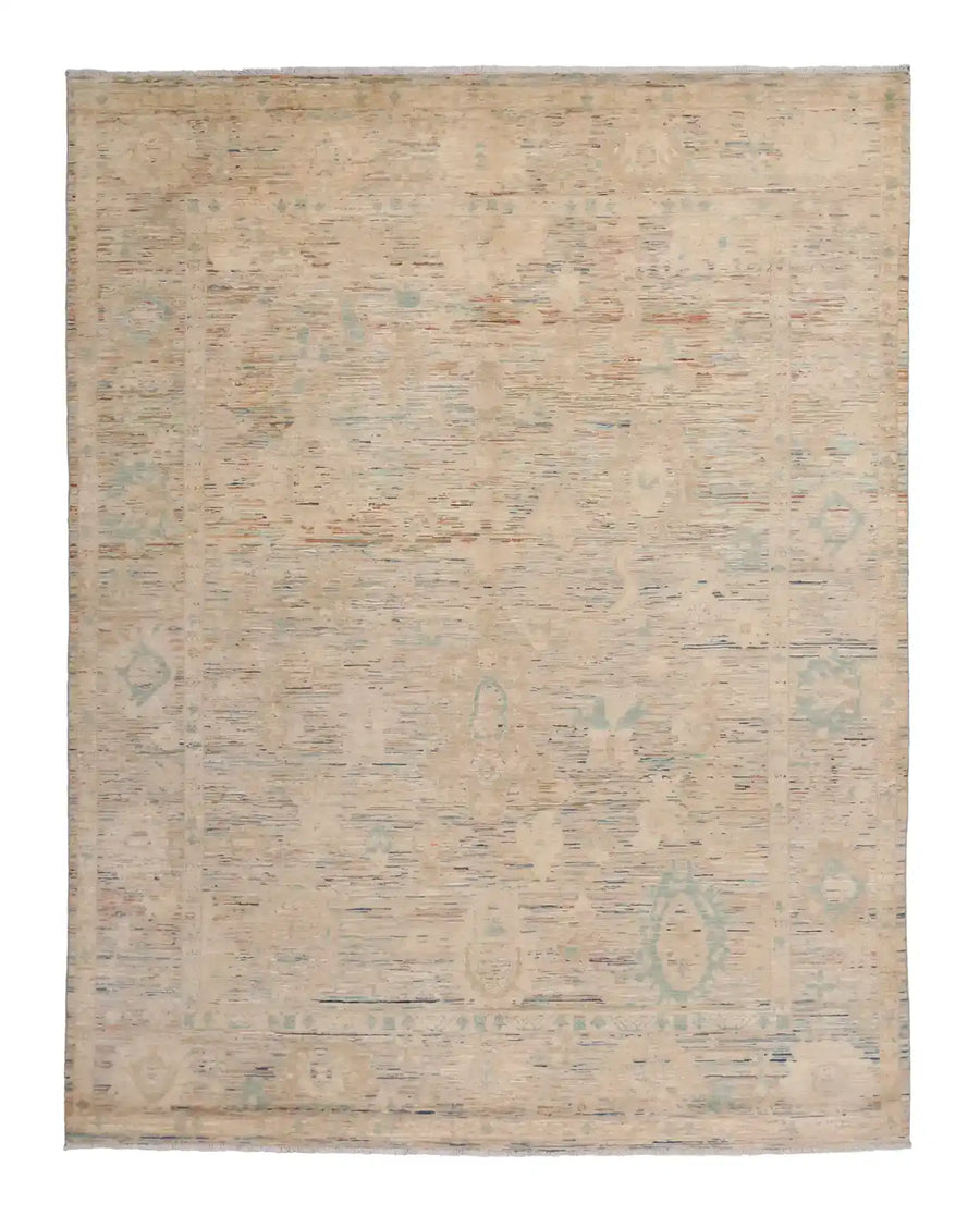 Beige Afghan Rug with Delicate Blue Flowers, 311 × 252 cm, overall view.