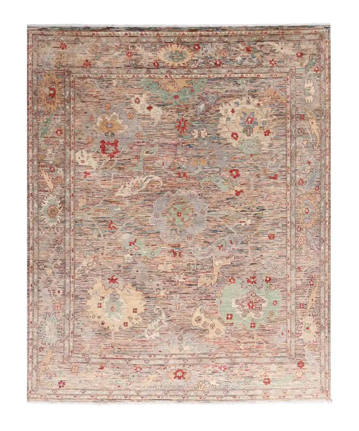 Afghan Rug with Red Rosettes & Ornamental Border, 295 × 247 cm, overall view.