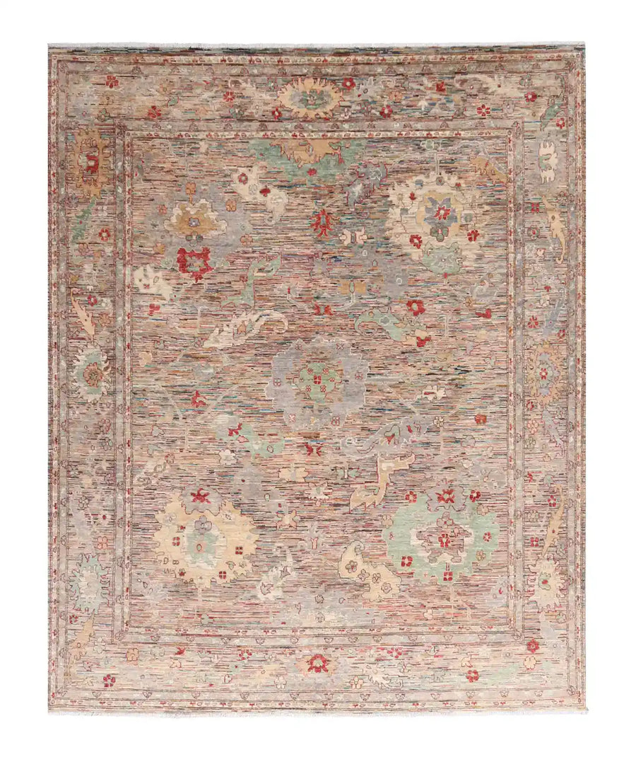 Afghan Rug with Red Rosettes & Ornamental Border, 295 × 247 cm, overall view.