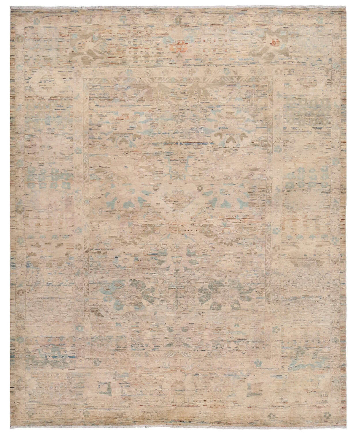 Light Afghan Rug with Cream & Blue Flowers, 302 × 250 cm, overall view.