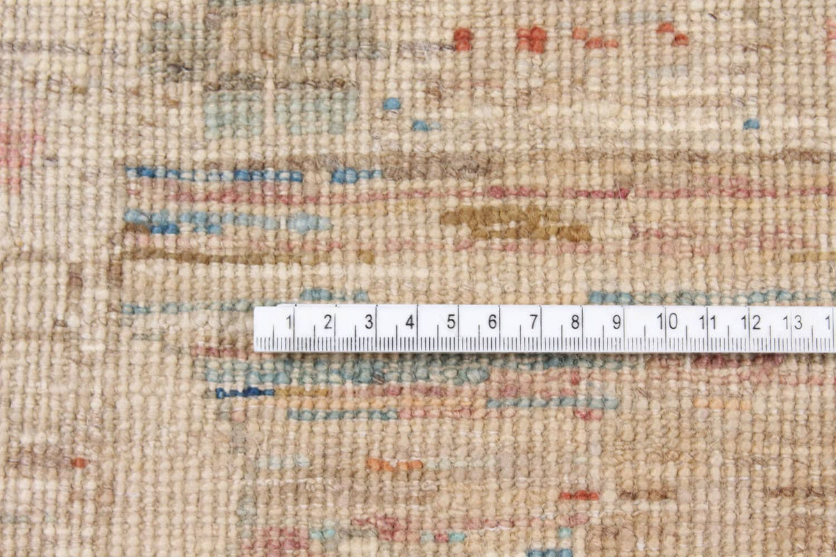 Close-up of the light Afghan rug with cream & blue flowers, 302 × 250 cm, detail 9.