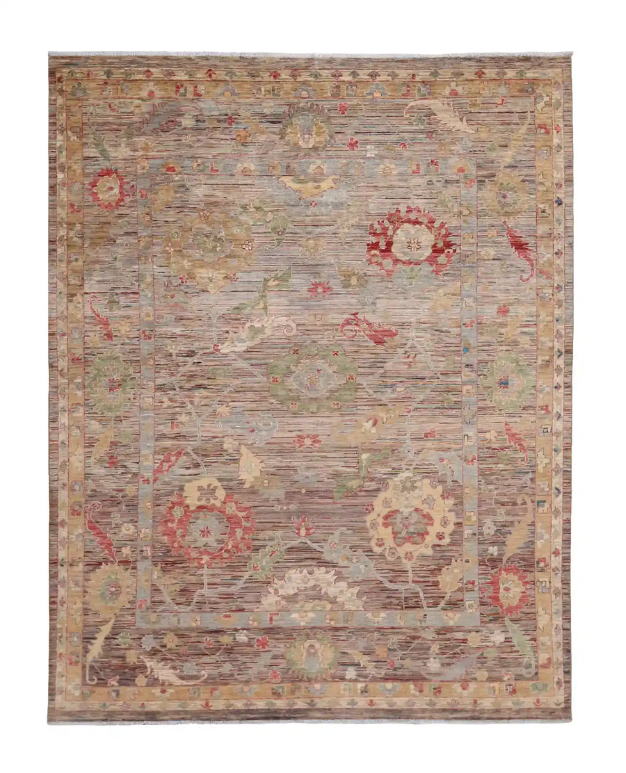 Gray-Pink Afghan Rug with Red Flowers, 307 × 236 cm, overall view.