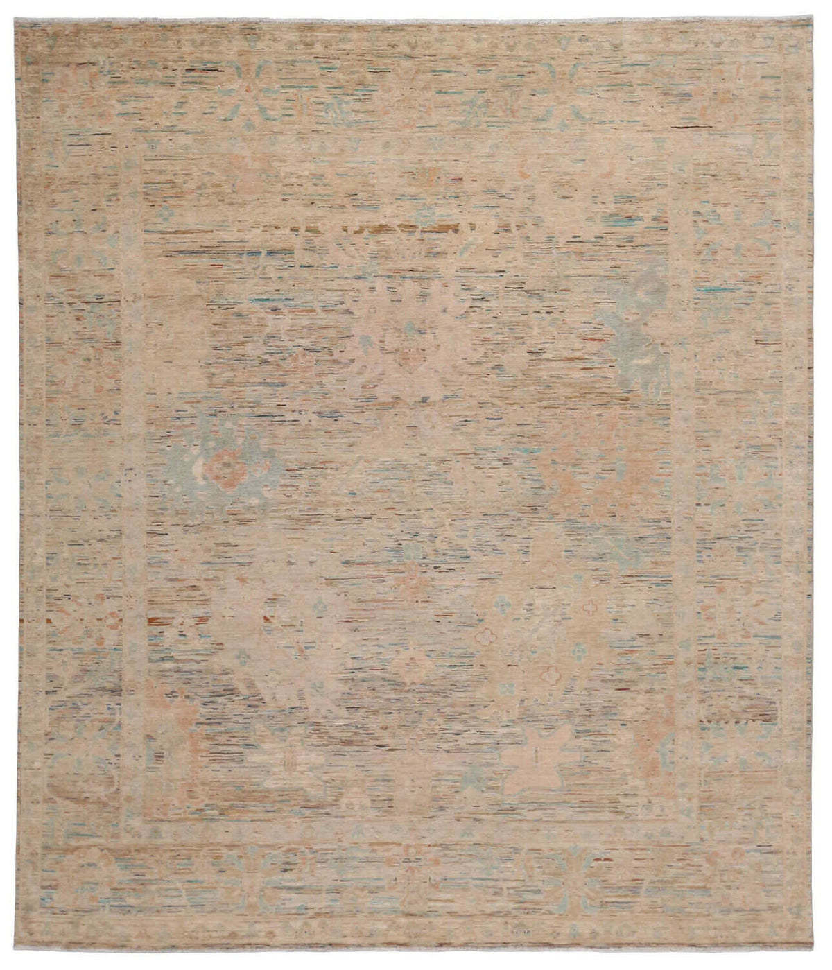 Sand Beige Afghan Rug with Pastel Blue Flowers, 302 × 250 cm, overall view.