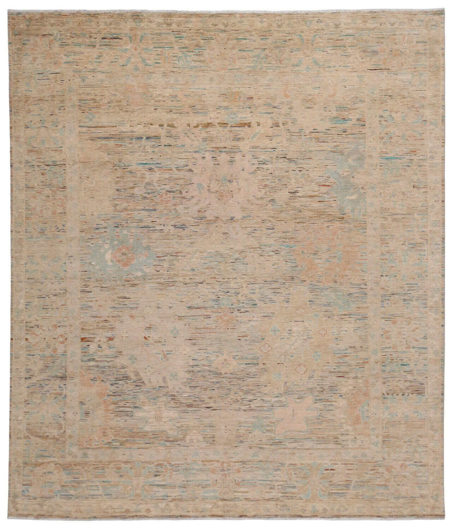 Sand Beige Afghan Rug with Pastel Blue Flowers, 302 × 250 cm, overall view.