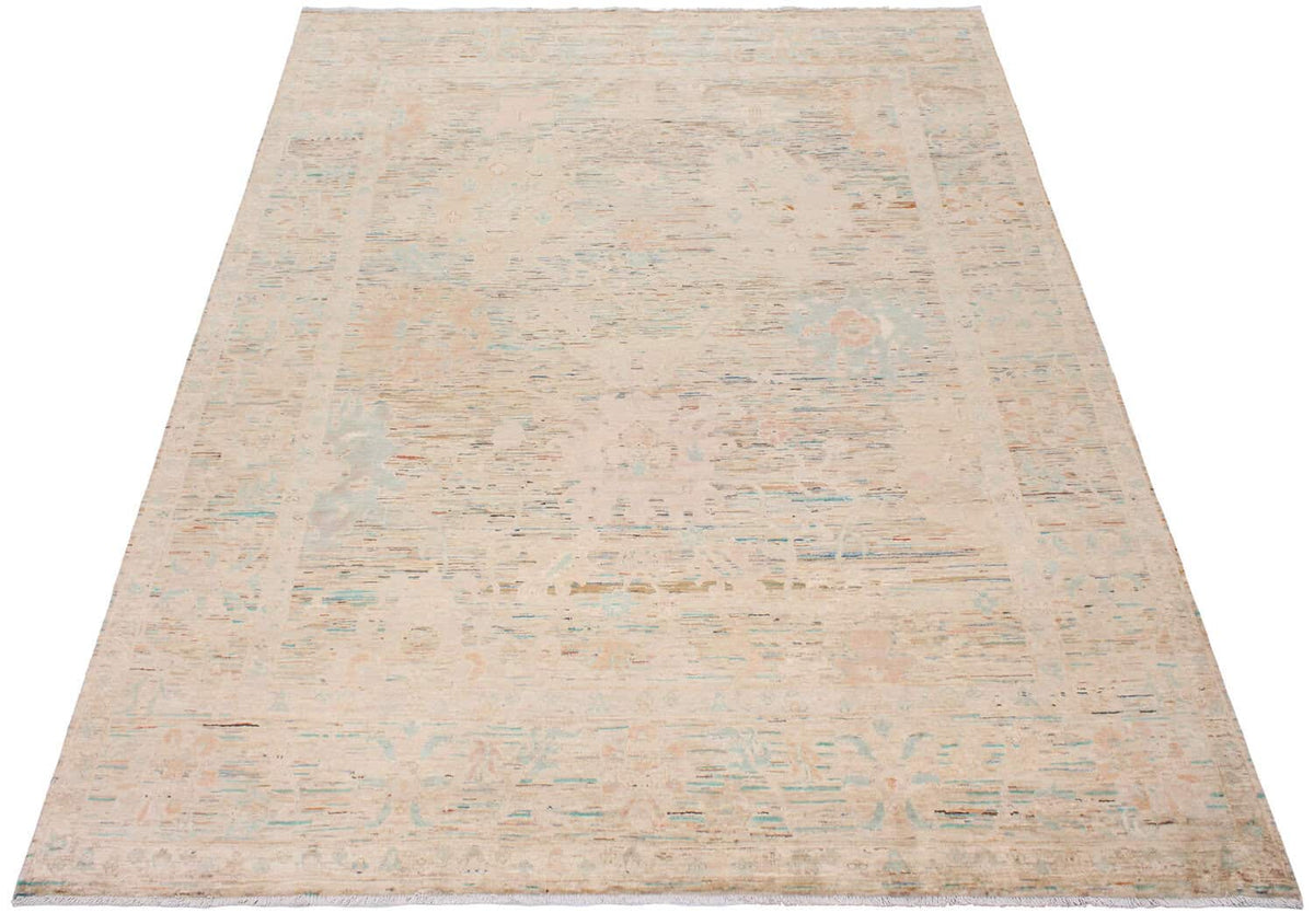 Sand Beige Afghan Rug with Pastel Blue Flowers, 302 × 250 cm, view 2.