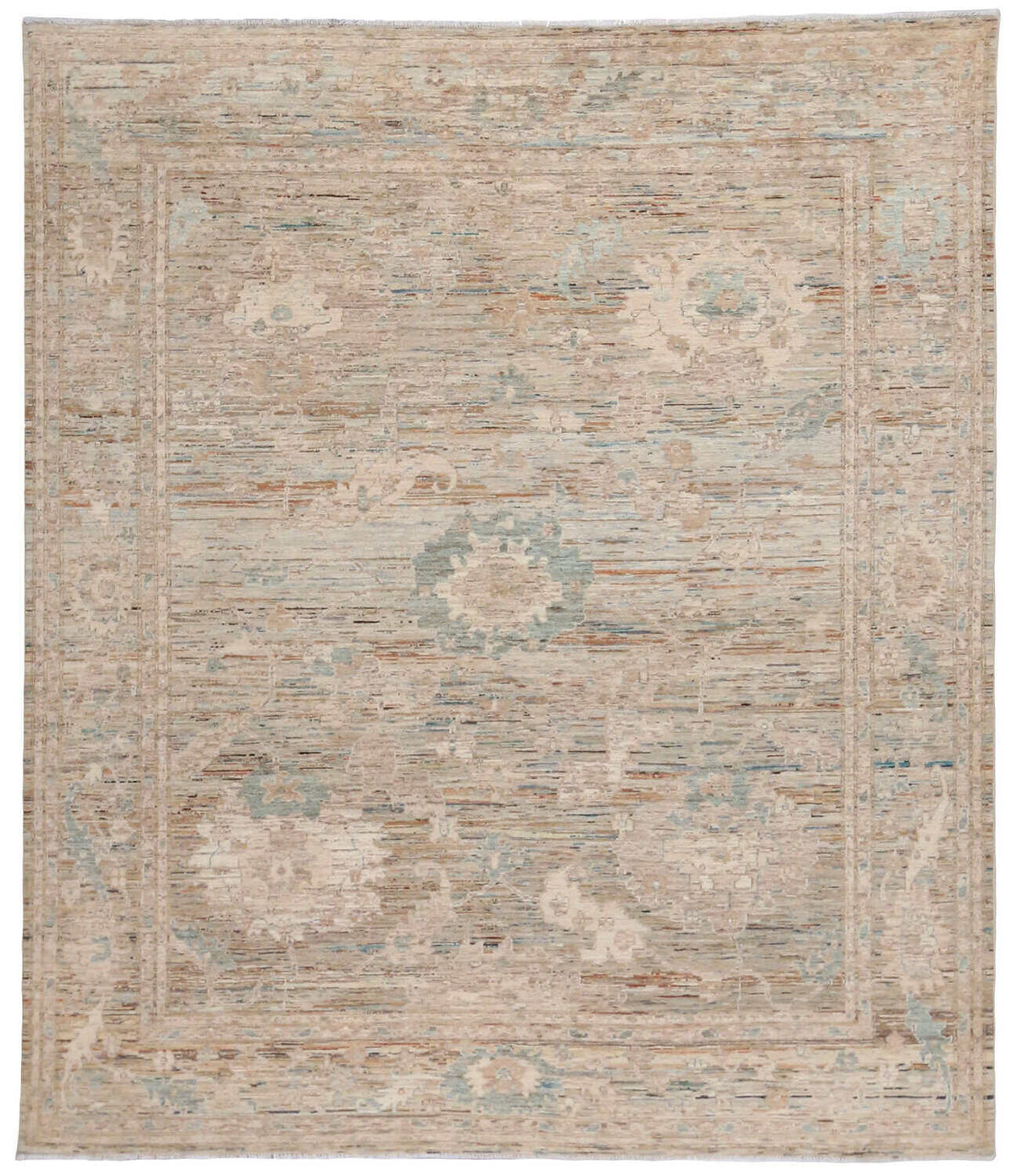Greige Floral Afghan Rug with Green Accents, 294 × 246 cm, overall view.
