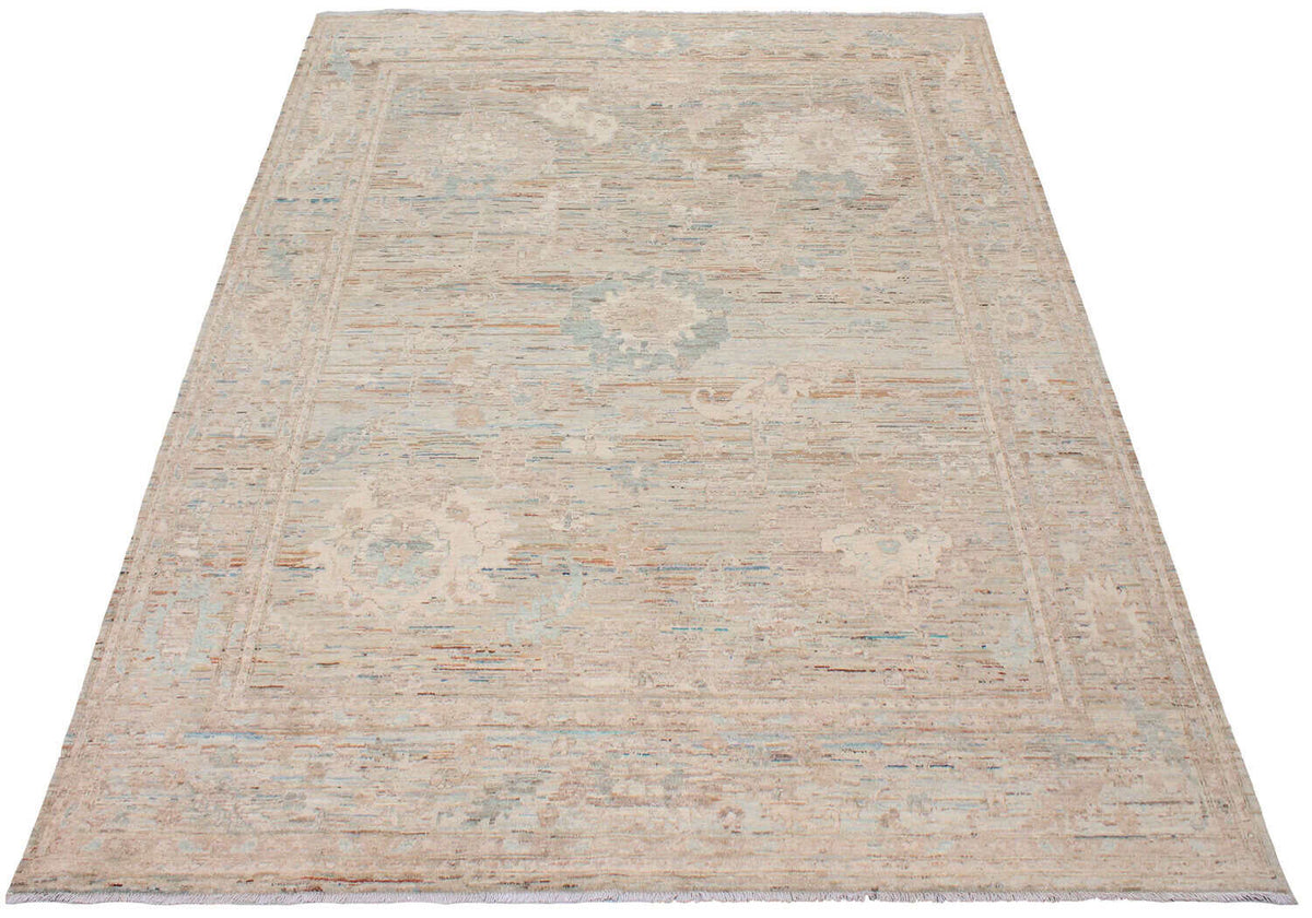 Greige Floral Afghan Rug with Green Accents, 294 × 246 cm, view 7.