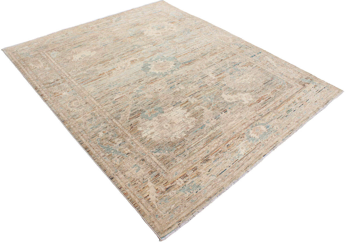 Greige Floral Afghan Rug with Green Accents, 294 × 246 cm, view 8.