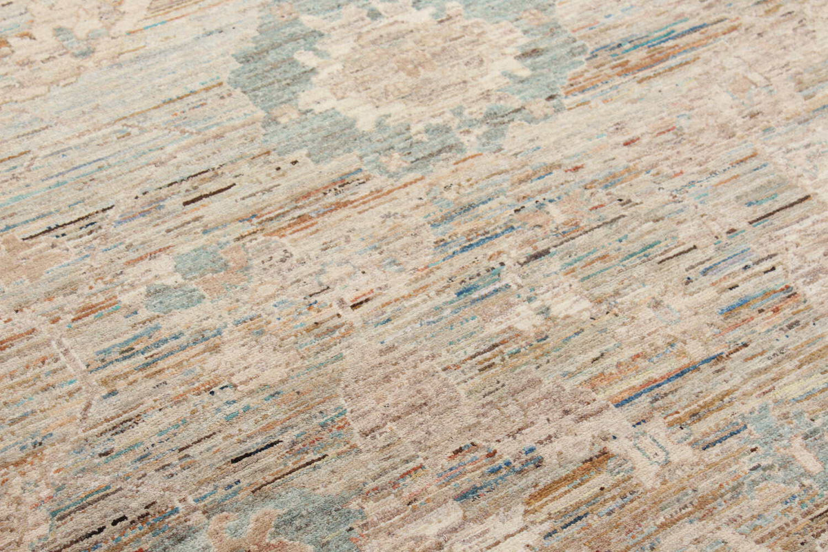 Greige Floral Afghan Rug with Green Accents, 294 × 246 cm, view 2.