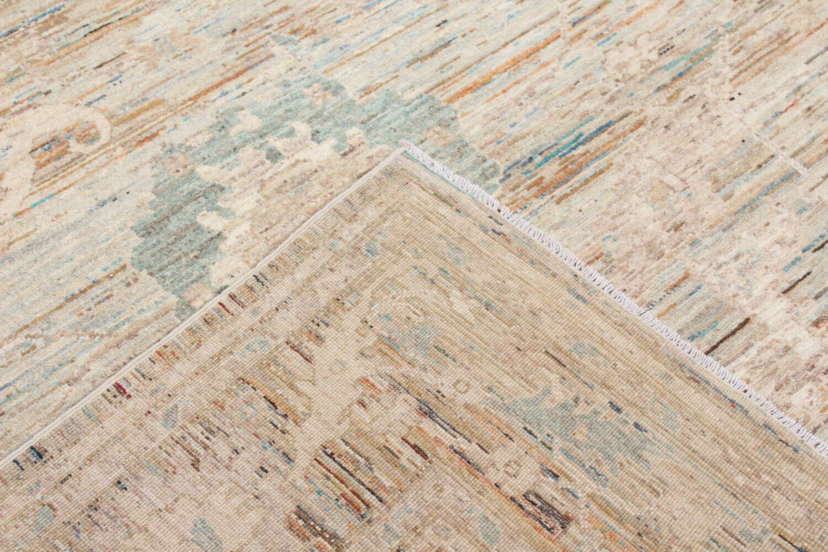 Greige Floral Afghan Rug with Green Accents, 294 × 246 cm, view 3.