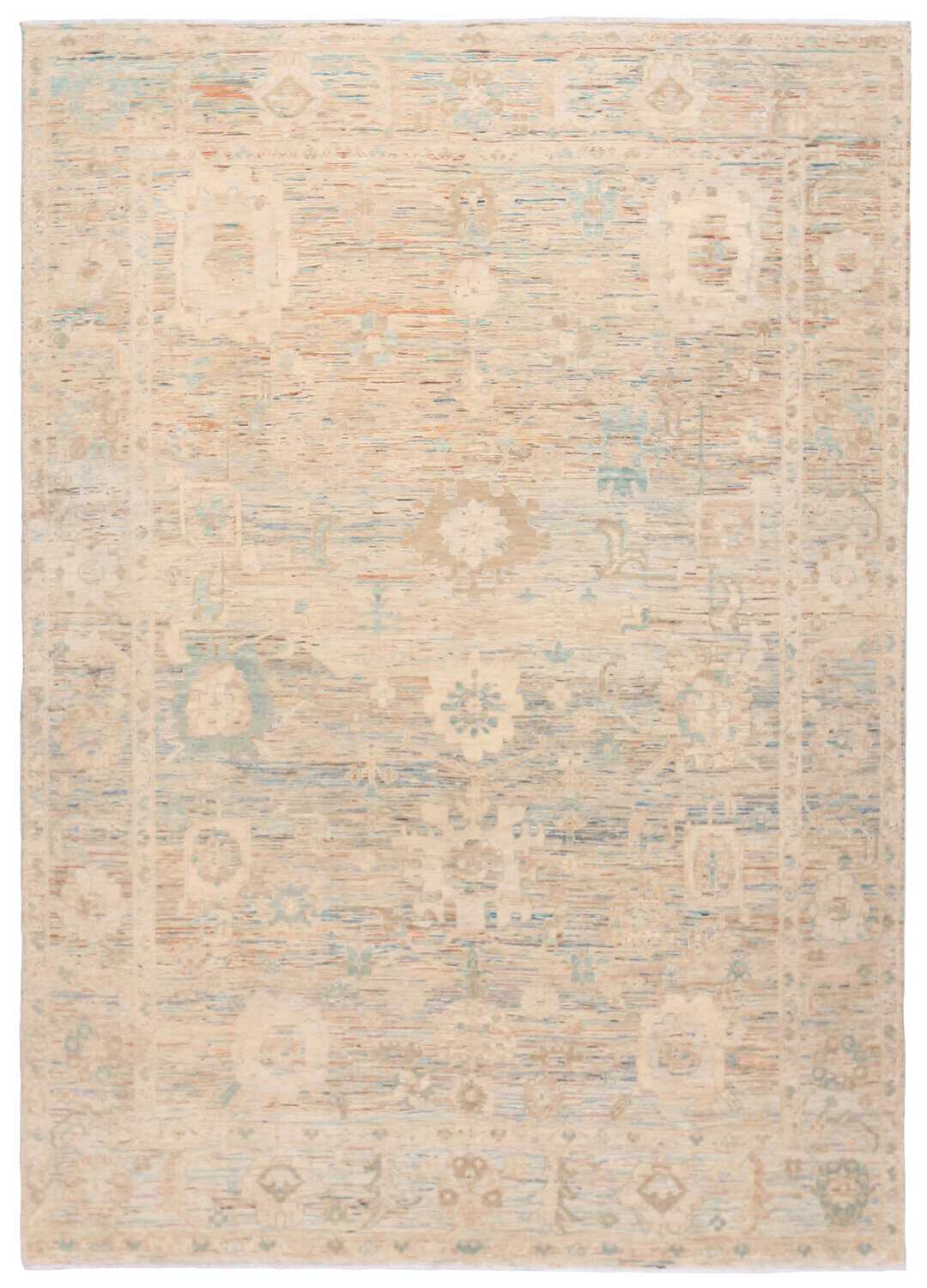 Cream & Pastel Blue Abstract Wool Rug, 352 × 252 cm, overall view.