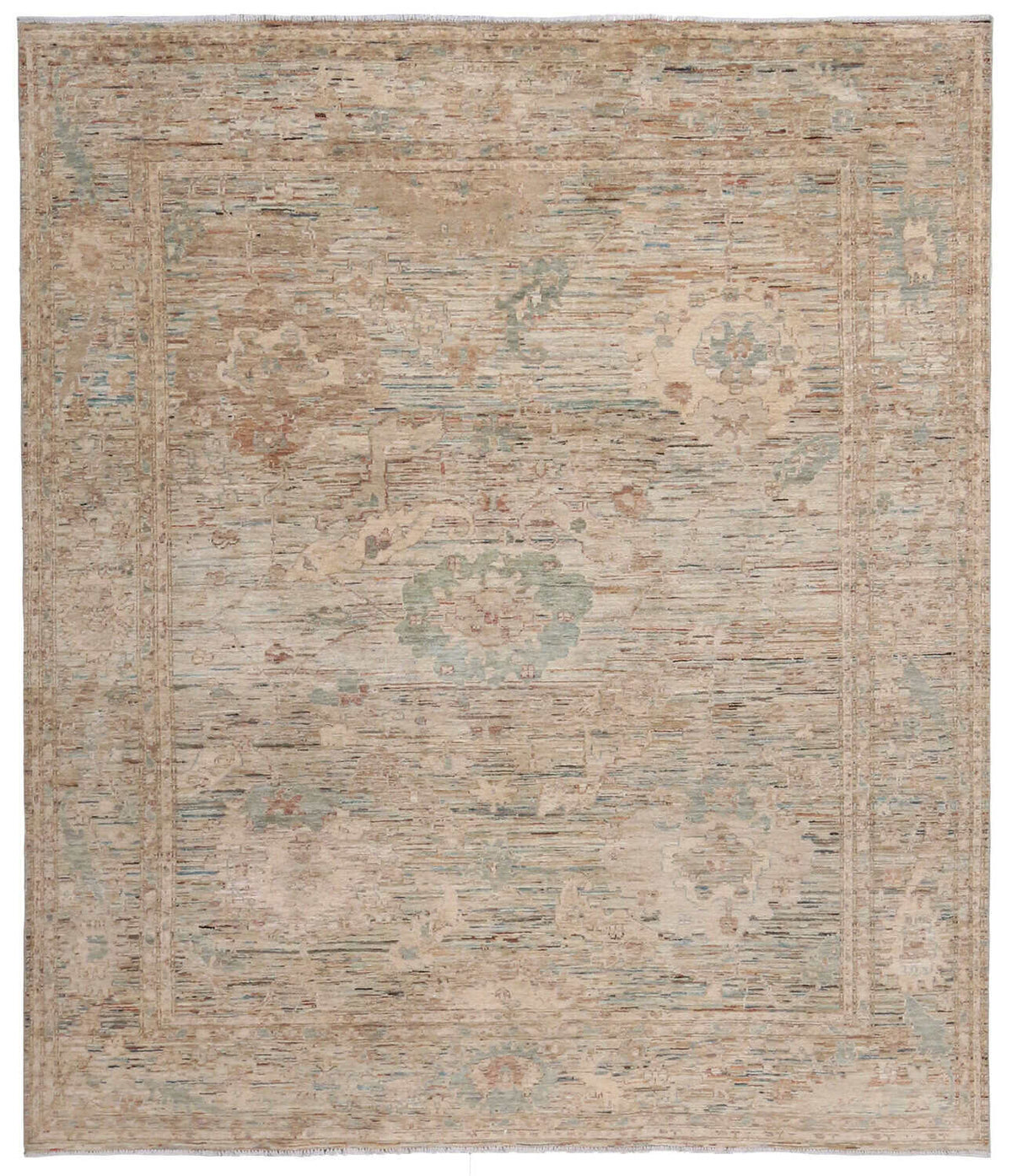 Beige Afghan Rug with Mint Rosettes, 293 × 250 cm, overall view.