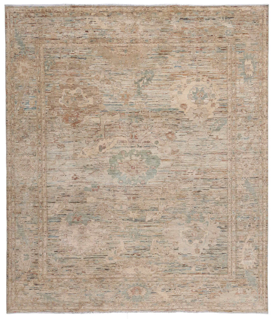 Beige Afghan Rug with Mint Rosettes, 293 × 250 cm, overall view.