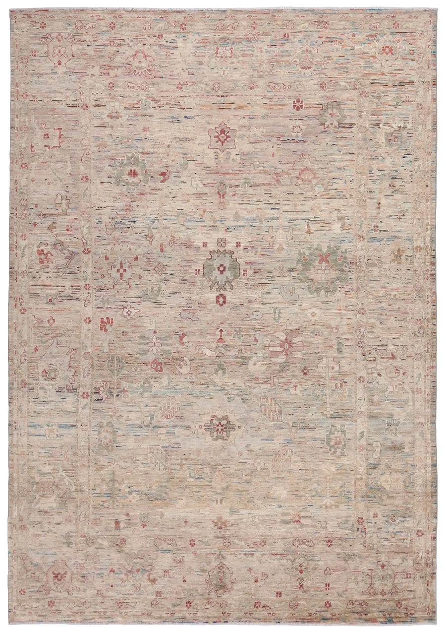 Cream Wool Rug with Pink Flowers, 351 × 249 cm, overall view.