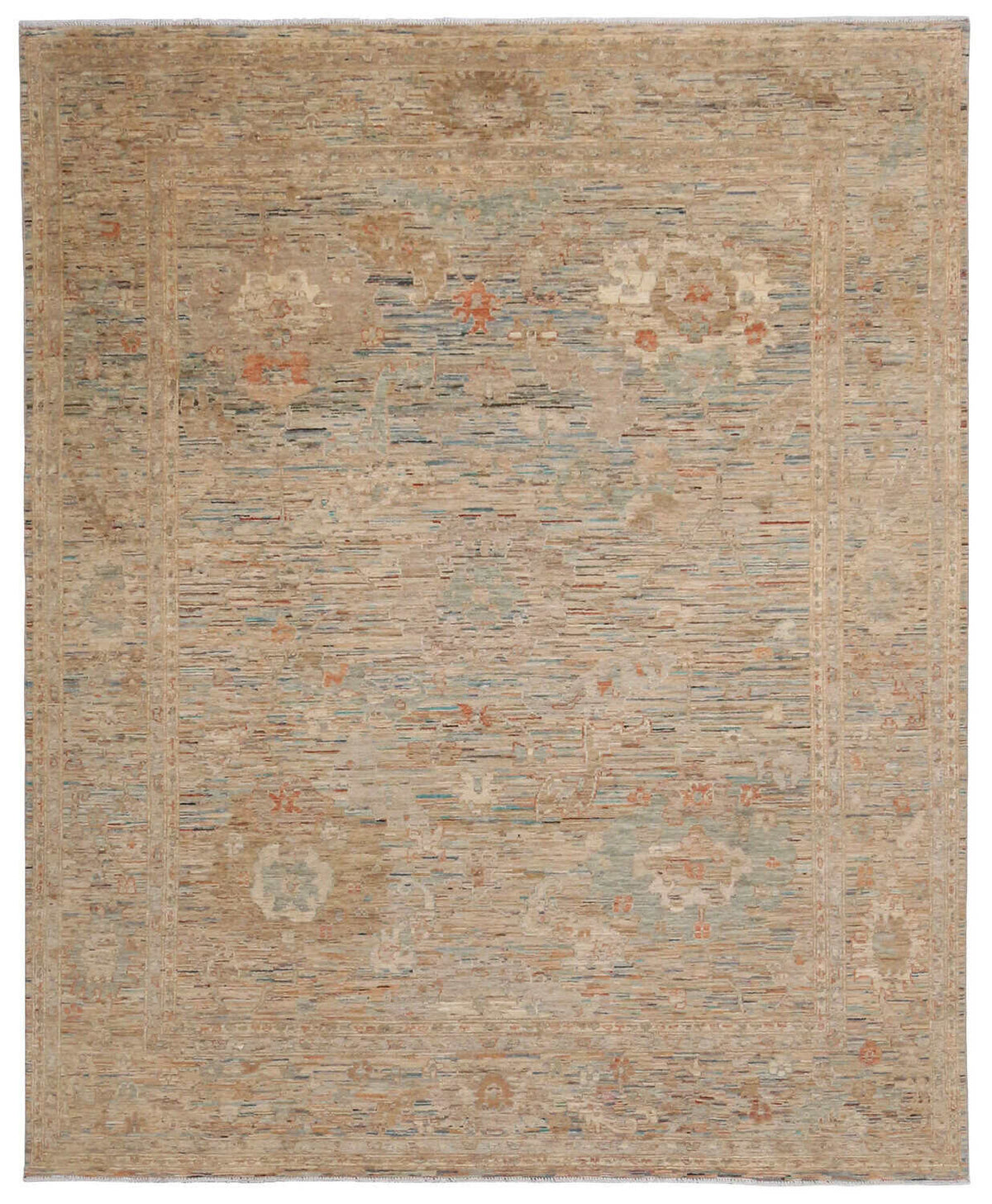 Ochre Afghan Rug with Blue Floral Accents, 301 × 245 cm, overall view.