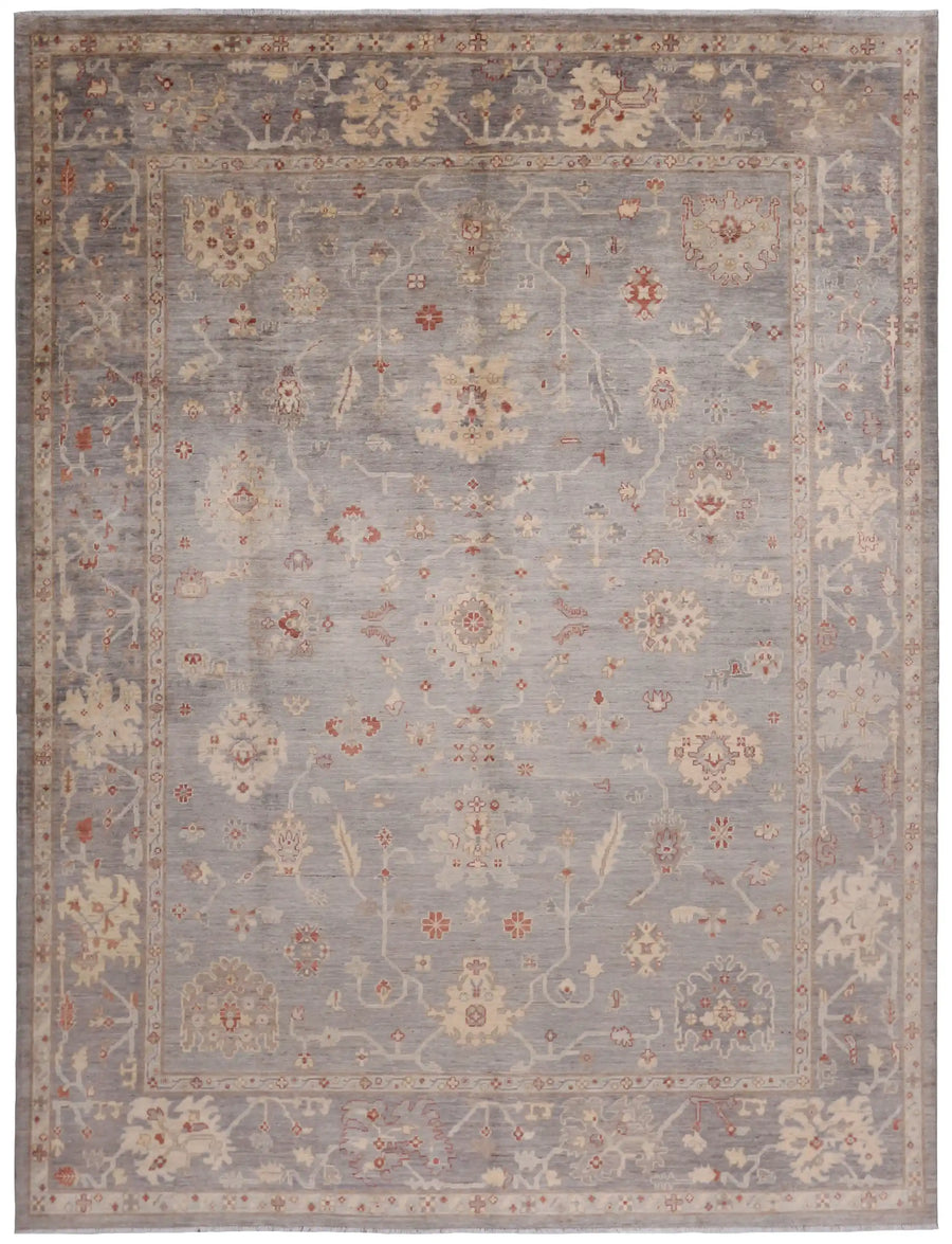 Oushak Rug with Light Flowers & Rust Accents, 395 × 304 cm, overall view.
