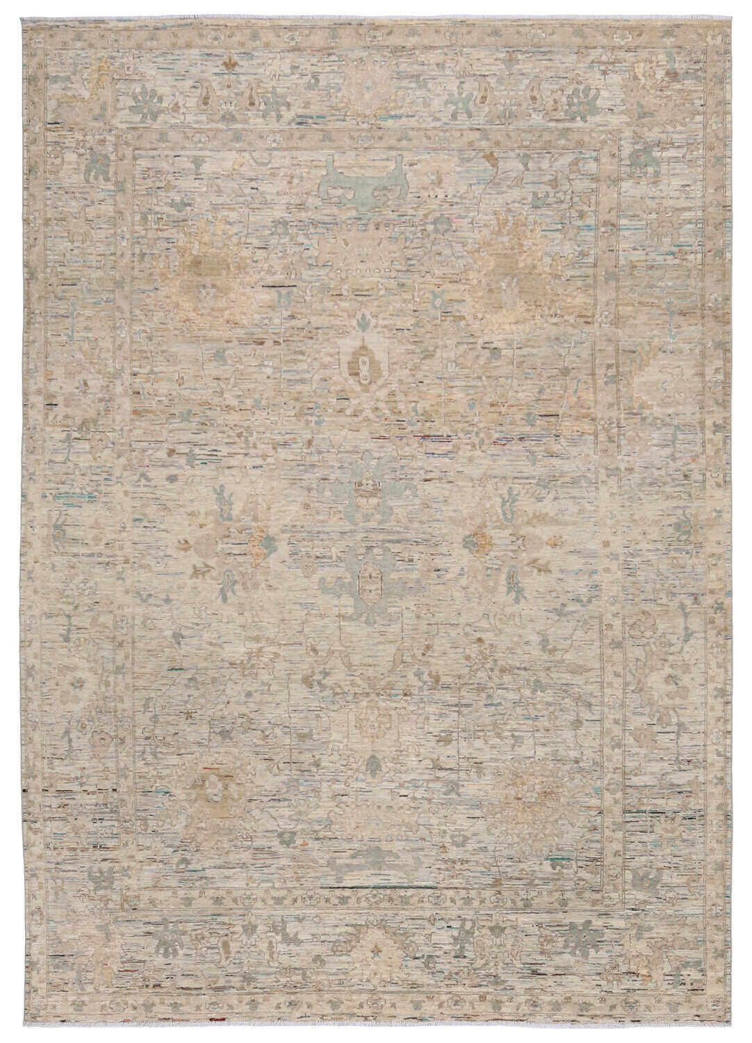 Cream Afghan Rug with Delicate Flowers, 352 × 253 cm, overall view.