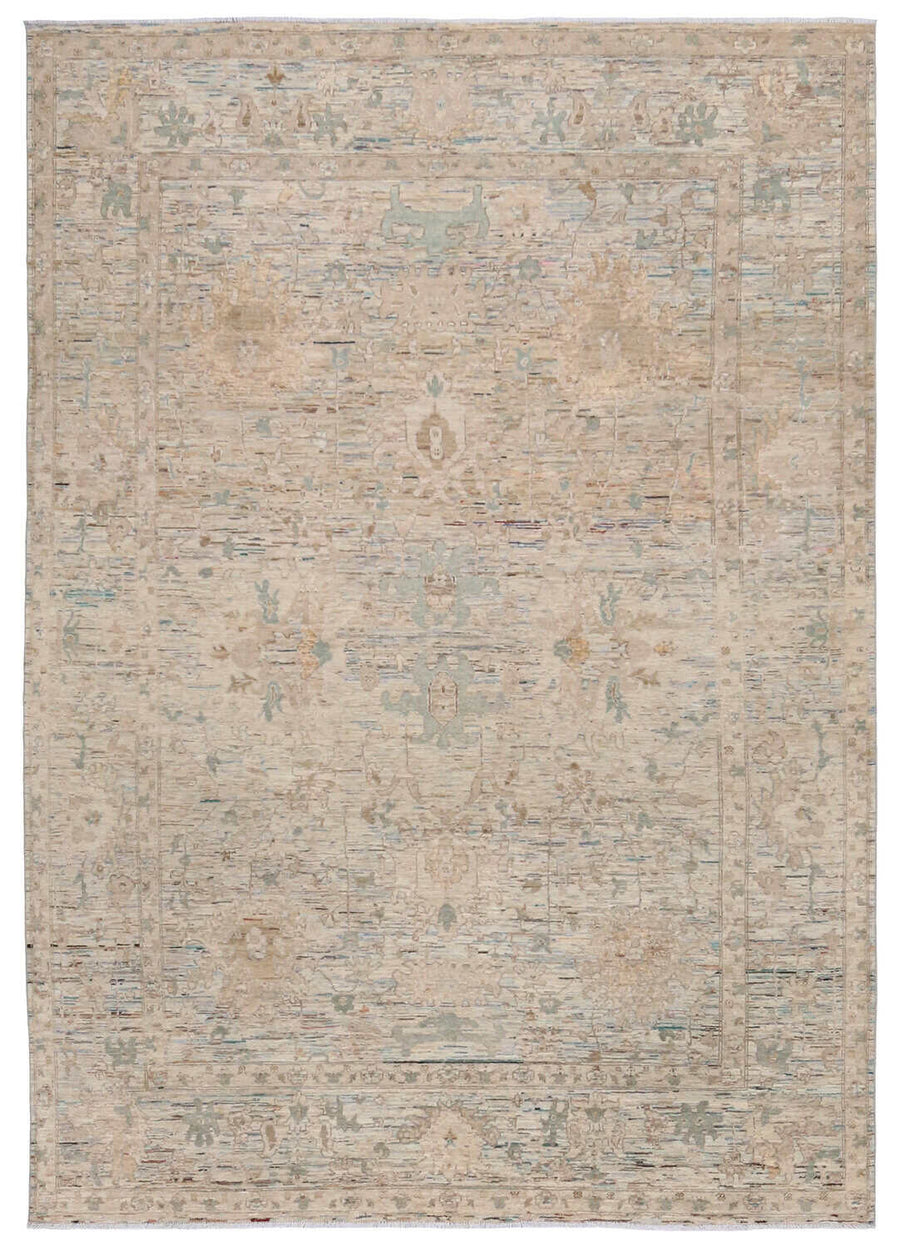 Cream Afghan Rug with Delicate Flowers, 352 × 253 cm, overall view.