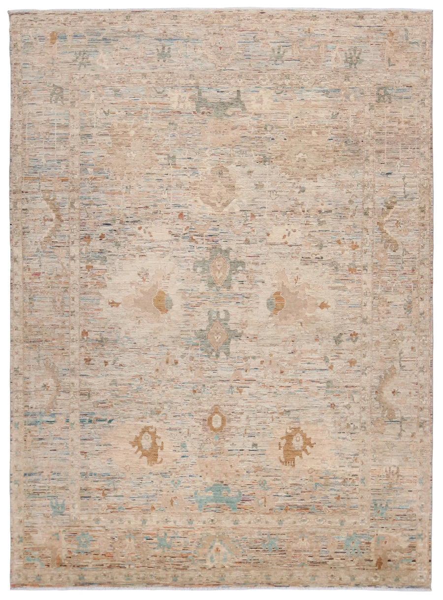 Cream Afghan Rug with Golden Beige Flowers, 356 × 263 cm, overall view.