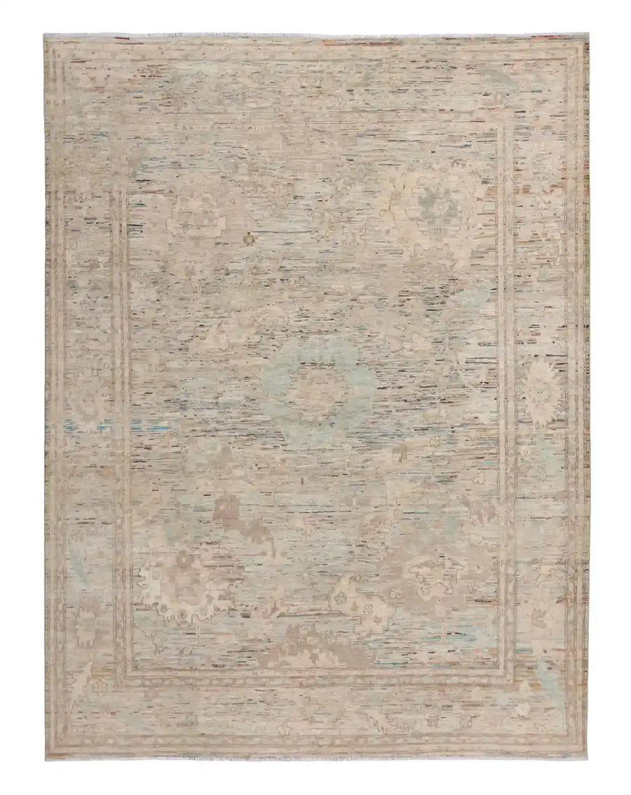 Light Afghan Rug with Blue Rosettes & Border, 297 × 250 cm, overall view.