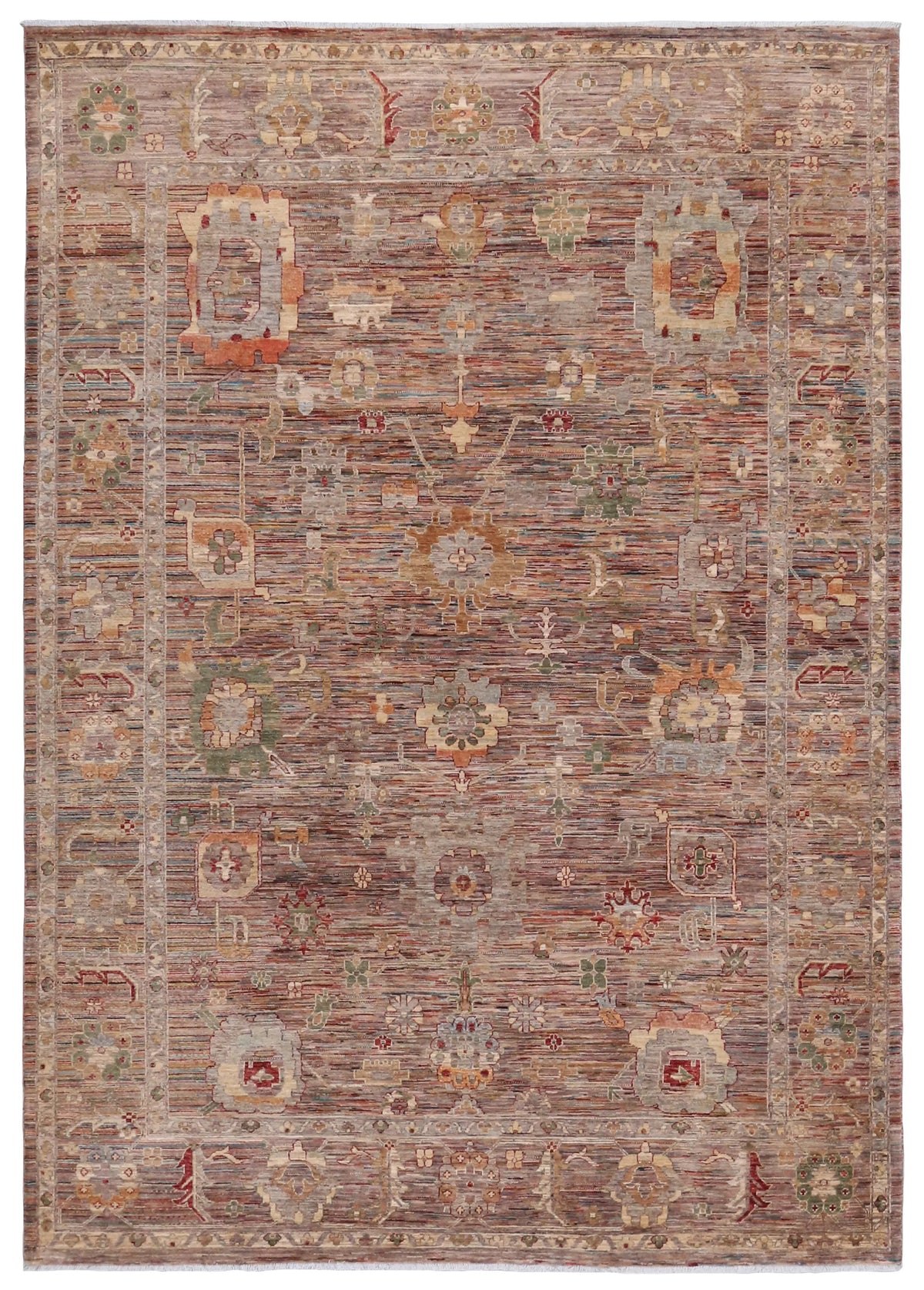 Rust & Blue Afghan Rug with Fine Floral Motifs, 358 × 255 cm, overall view.