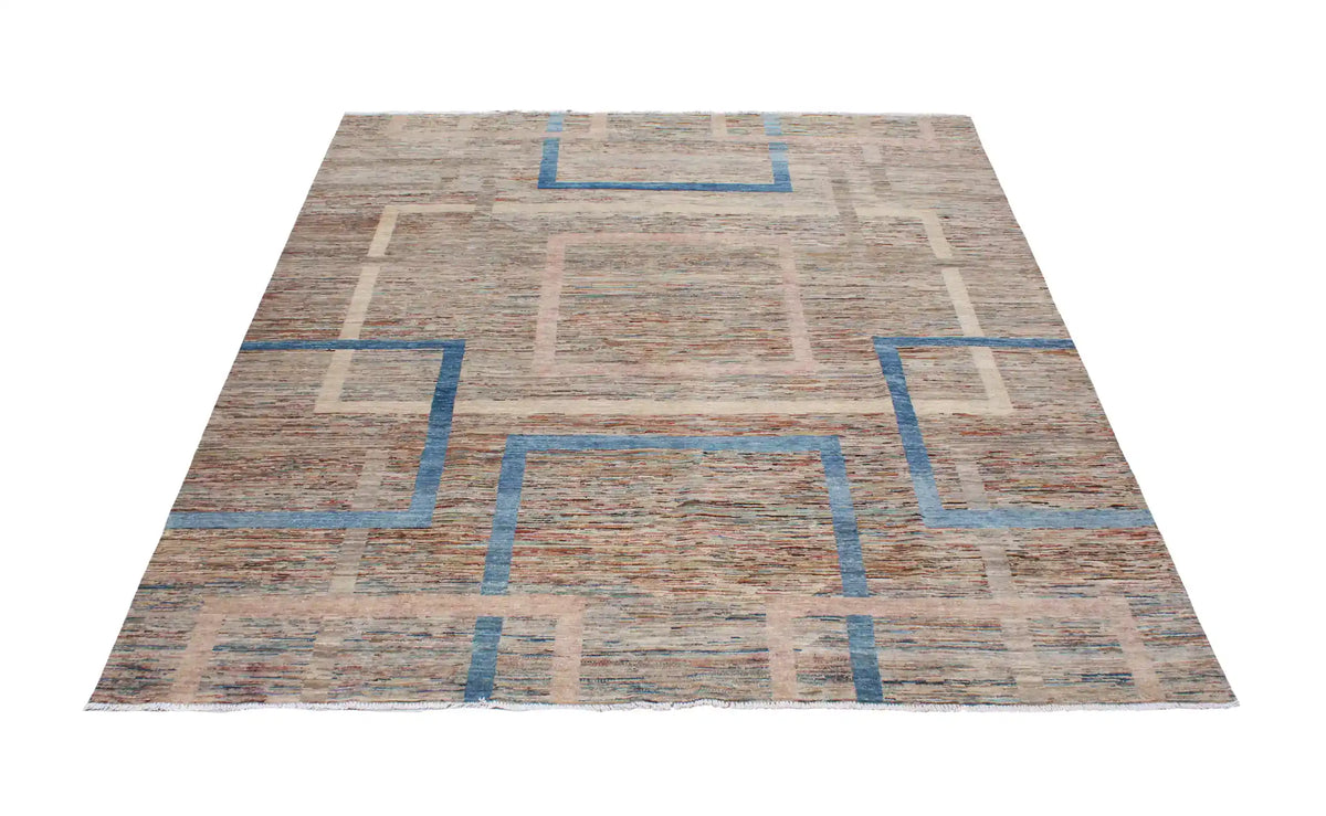 Modern Beige & Blue Afghan Rug with Rectangles, 303 × 250 cm, view 2.