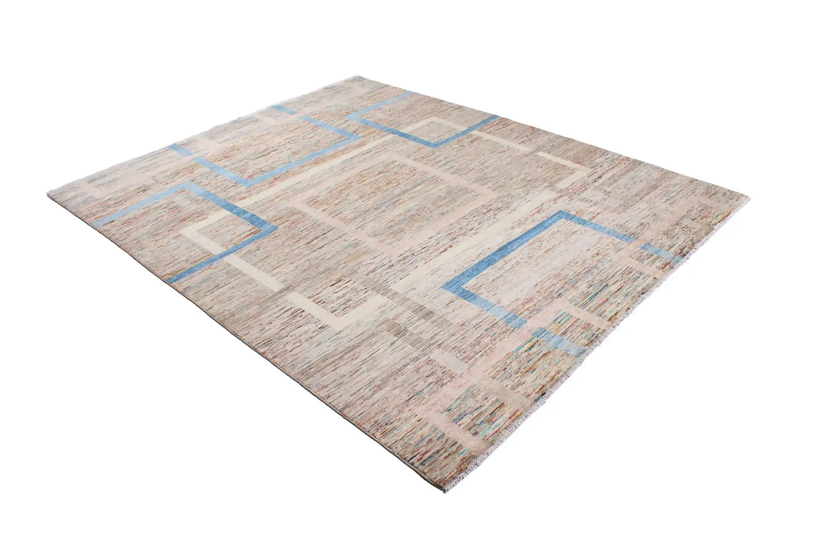 Modern Beige & Blue Afghan Rug with Rectangles, 303 × 250 cm, view 3.