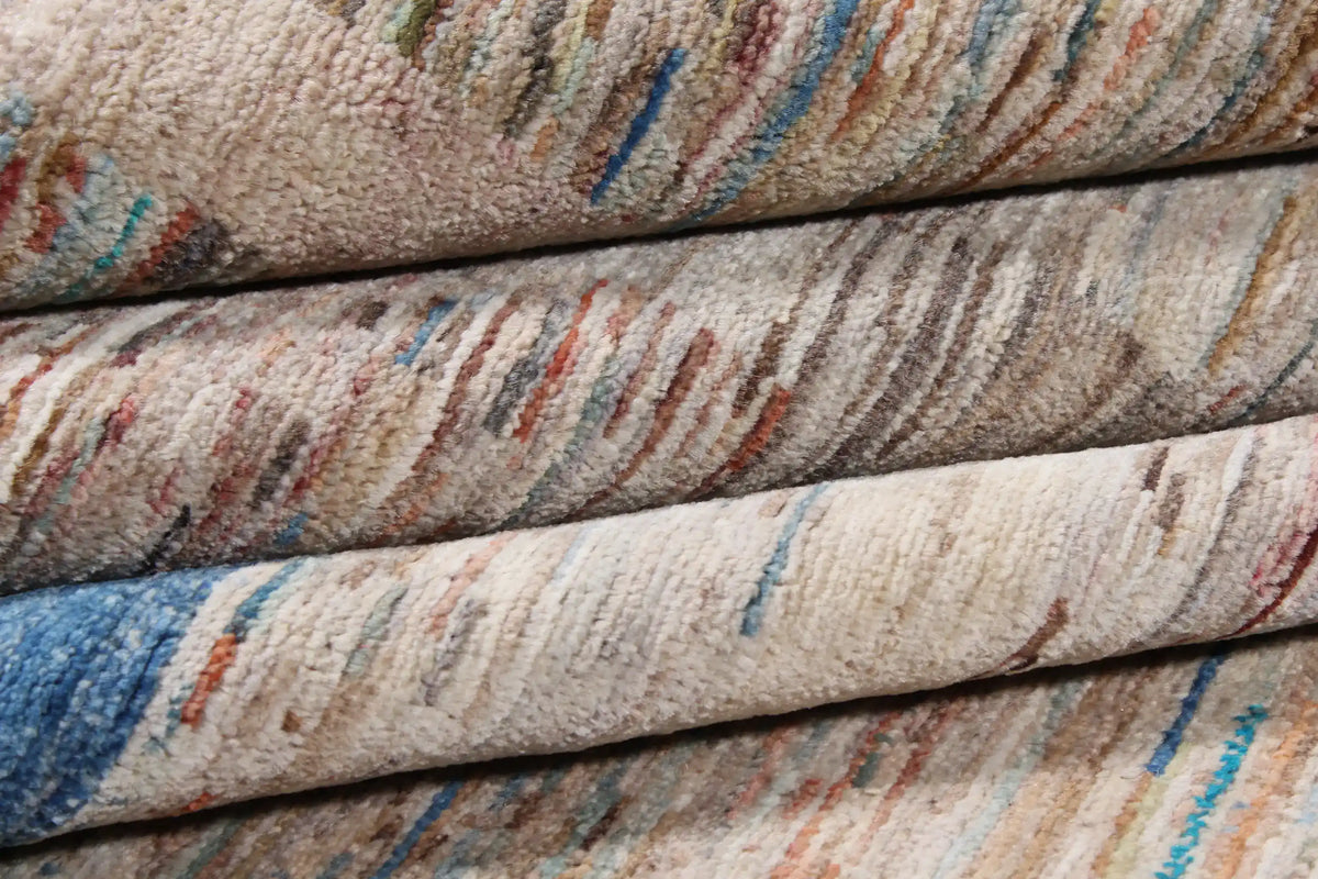 Modern Beige & Blue Afghan Rug with Rectangles, 303 × 250 cm, view 8.