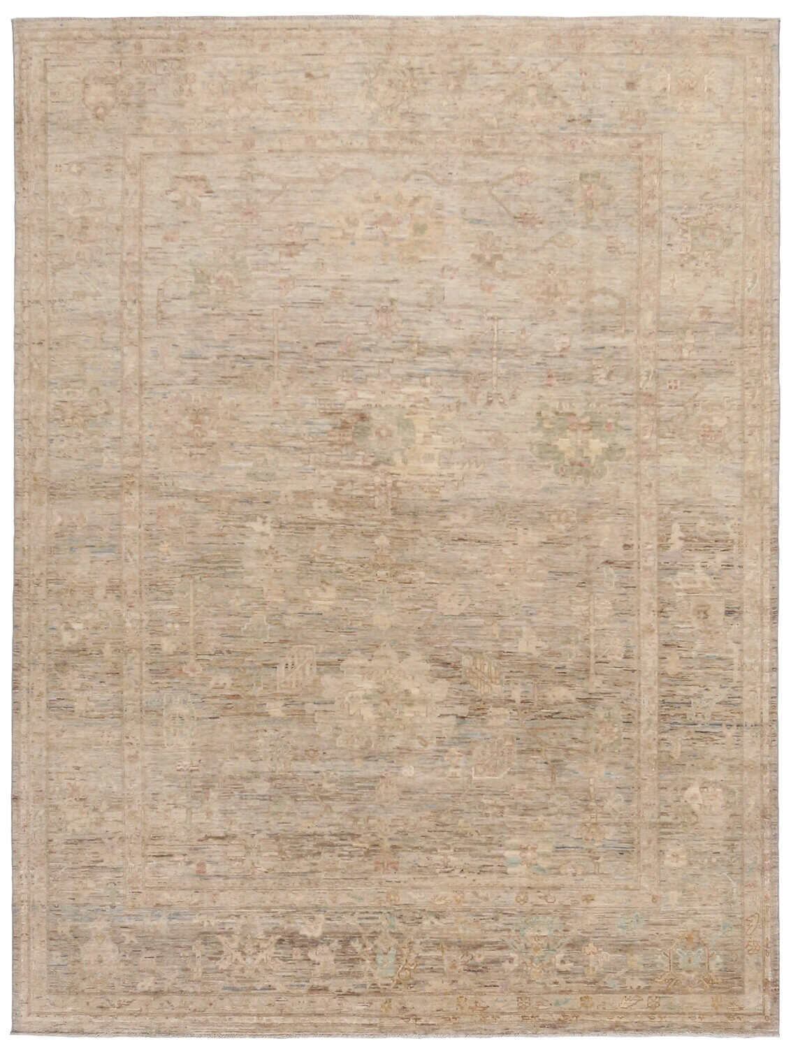Sand Afghan Wool Rug with Fine Motifs, 332 × 254 cm, overall view.