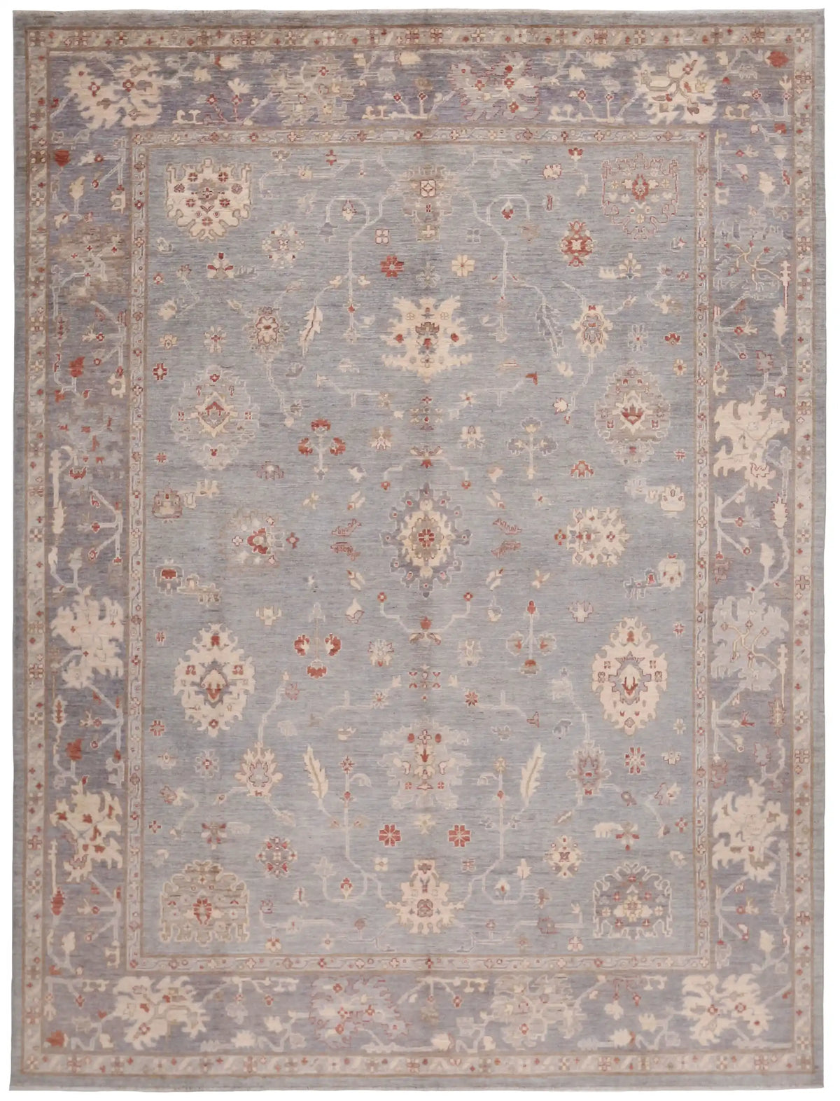 Gray & Cream Oushak Rug with Floral Border, 388 × 304 cm, overall view.